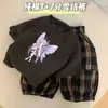 Conjunto de Verão de Algodão Puro de Manga Curta, Novo Estilo de Verão para Meninas e Bebês, Roupa Fina, Conjunto de Duas Peças com Camiseta e Calça Cropped