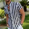 Camisa de manga corta a rayas verticales para hombre transfronteriza, cuello mao, corte slim casual, camisa ligera y transpirable de verano
