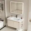 Gabinete de baño de aluminio con espacio de almacenamiento lateral, adecuado para baños pequeños, con lavabo cerámico integrado y mueble tocador