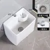 Fregadero de balcón para mopa con reposapiés, lavabo para fregar mopa, lavabo para mopa de suelo con desagüe lateral, con cesta de drenaje, drenaje automático, cerámica, otros