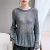 Suéter de punto de terciopelo y lana casual estilo francés para mujer, cuello redondo, diseño calado, manga larga, corte holgado, adelgazante, blanco