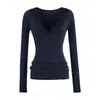Top de encaje sexy con escote en V profundo, puramente deseable, para mujer, principios de otoño, cintura fruncida, adelgazante, borde ondulado, camiseta de manga larga