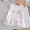 Conjunto de Verão para Meninas: Colete com Estampa de Urso, Camiseta Manga Curta Fina 100% Algodão, Saia Floral Doce com Barra de Renda 3