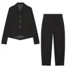 Moda europea y americana transfronteriza para mujer: El más vendido en AliExpress, elegante blazer de corte recto con botones decorados + pantalón plisado con tirantes