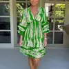 Transfronteiriço 2023 Comércio Exterior Transfronteiriço Amazon Moda Vestido de Manga Trompete com Decote em V Verão Feminino Estampado de Comprimento Médio