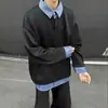 Moletom de gola listrada outonal com retalhos, marca masculina moderna, design falso de duas peças, blusa de manga comprida casual e versátil