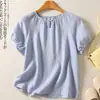 Camiseta de algodão e linho com mangas curtas, estilo artístico japonês, para mulheres, para verão e outono, top casual simples de puxar, camisa amarela que rejuvenesce