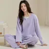Conjunto de pijama de duas peças, cor sólida, manga longa e calça comprida, 100% algodão, gola redonda, pullover, conjunto de duas peças para casa feminino, cross-border para live-streaming