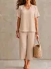 Conjunto de Camisa Casual de Manga Corta con Cuello en V de Color Sólido para Mujer, Transfronterizo Europeo y Americano, con Diseño de Cintura Elástica y Pantalones de Pierna Ancha, Cómodo y Versátil