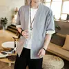 Estilo Chino Verano Nueva Llegada Camisa Cárdigan Hanfu de Color Sólido Suelta para Hombre Talla Grande Moda Casual Algodón y Lino Manga