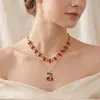 Collar multicapa de acero inoxidable con cerezas, estilo europeo y americano, transfronterizo, para mujer, cadena para la clavícula con forma de cuadrado geométrico y hoja de ginkgo en forma de abanico