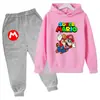 Conjunto Moletom Manga Longa Estampa Desenho Mario 2025 Infantil Primavera Meninos e Meninas 2 Peças Calça + Moletom com Capuz