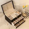 Caixa de Joias Vintage Marrom Portátil de Grande Capacidade com Camada Dupla para Brincos, Anéis e Colares - Estilo Maillard Transfronteiriço