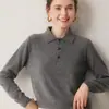 Suéter 100% cachemira pura para mujer, top versátil de punto liso, color liso, cuello polo, jersey, cálido suéter de manga larga