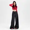 Jeans de Pana Azul Oscuro Retro de Pierna Ancha para Mujer Otoño e Invierno 2025 Cintura Alta Estilo Holgado Perezoso Pantalones Caídos Largos hasta el Suelo