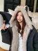 Jaqueta de Algodão Feminina 2026 Novo Estilo Coreano Capuz com Orelhas de Gato Casaco Peludo Inverno Lã Grossa Curta Jaqueta de Algodão