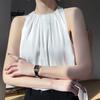 Camisola de satén de verano para mujer, cuello holgado, seda morera, base de punto, camiseta sin mangas