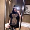 Escolha de Influenciador Urso Brilhante de Diamante Dourado Quente Camiseta Solta de Manga Curta de Comprimento Médio Plus Size Verão Feminino Estilo Coreano Top