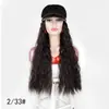 Peluca de mujer con pelo largo rizado y permanente de maíz con sombrero, peluca de fibra sintética con rizos de maíz y sombrero azul marino
