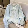 Suéter tejido con cuello de lazo de encaje, favorito personal para mujer, nuevo estilo de otoño, casual de manga acampanada, suéter rejuvenecedor