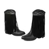 Botas de outono e inverno versáteis, com sola de borracha antiderrapante, salto alto, franjas, bico redondo, tamanho grande, cor sólida, salto quadrado, botas de couro leves de cano médio