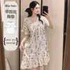Pijama de Verão Feminino Plus Size com Bojo, Renda Delicada Estilo Pintura a Tinta, Camisola de Manga Curta, Roupa de Casa, Pode Ser Usado Fora
