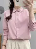 Camisa de mujer de cuello redondo de algodón puro de manga larga para estudiantes, informal, holgada, para primavera y otoño, nueva, combina con todo, elegante, ajustada, estilo coreano, a la moda.