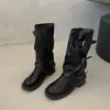 Botas de media caña con hebilla de cinturón para mujer, suela gruesa plisada, nuevo estilo popular otoño e invierno 2026, botas vaqueras, botas de moda para Instagram