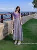 Falda floral morada de estilo Hepburn transfronteriza, estilo extranjero dulce para mujeres bajitas y altas, verano, venta al por mayor