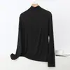 Nova Camiseta de Manga Longa com Gola Alta Meia-Altura para Primavera e Outono Feminina, Blusa Básica Casual Solta de Modal, Top Plus Size