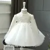 Vestido para Meninas Pequenas 2026 Branco Tule Bufante Festa de 1º Aniversário Manga Longa Estilo Princesa Venda por Atacado