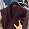Colete de Tricô Jacquard com Bolso e Gola V Masculino Moderno, Casual de Negócios, de Alta Qualidade para Homens de Meia-Idade e Idosos