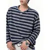 Estilo Nuevo Primavera y Otoño Raya Botón de Cuerno Rayas Retro Perezoso Manga Larga Camiseta Hombre Holgado Versátil Bloque de Color Casual Top