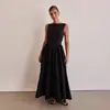 Wish Moda Popular Transfronteiriça Elegante Cor Lisa Sem Mangas Plissado Vestido Europeu e Americano Feminino Elegante e Requintado Saia Longa