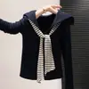 Camiseta de Manga Larga Wubi Crab Velvet College Cuello Marino Rayas Ajustada Detalle de Corbata Top Chal