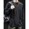 Camiseta de manga larga de algodón puro Jingtao para primavera y otoño, color liso, holgada, sencilla, cuello redondo, camiseta casual para hombre, fácil de combinar, para usar debajo de otra ropa