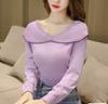 Nuevo Estilo 2025 Estilo Occidental Reductor de Edad con Volantes Cuello en V Hombros Descubiertos Empalme de Color Contrastante Top Holgado de Punto de Manga Larga para Mujer