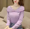 Nuevo Top de Punto Elegante 2025 para Mujer, Reductor de Edad, con Volantes, Cuello en V, Hombros Descubiertos, Bloques de Color, Holgado, de Manga Larga