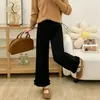 7507 Calça de Maternidade Cordão Lateral Babado Outono/Inverno Calça de Pierna Reta Calça Casual Elástica Calça Cropped Versátil