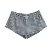 2619-3 Cintura Baja Cuadros Azul Oscuro Encaje 26 Estilo Verano Cintura Elástica Pantalones Cortos de Lazo Pantalones Cortos para Casa Pantalones Casuales