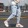 Jeans rasgados para hombre, marca de moda, corte recto holgado, pantalones bombachos cropped, pantalones de verano finos para hombre con efecto desgastado