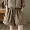 Shorts de Lino Anchos Vintage para Mujer, Verano Delgados con Cintura Elástica y Cordón, Encaje Hueco Casual de Algodón y Lino Rectos