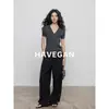 Camiseta de punto acanalado con cuello en V para mujer, estilo Hegan/Verano, con lana, corte ajustado, elástica, top de estilo casual