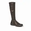 Botas longas elásticas para mulheres, botas de corte justo, novo estilo outono e inverno, bico redondo, salto baixo, zíper lateral casual, botas longas de couro elástico para mulheres