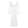 Nuevo Vestido Blanco de Encaje Estilo Romántico Francés para Mujer Primavera 2026 con Cuello Cuadrado, Mangas Largas y Detalle de Lazo, Vestido Elegante