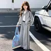 Conjunto de duas peças de moda coreana estilo college para primavera e outono, doce e chique, jaqueta com gola alta de bolinhas com cordão, calça casual de perna larga