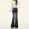 Calça Jeans Flare Cintura Baixa Estilo Retrô Americano para Mulheres, Slim-Fit com Bordado de Bolso, Calça Flare Versátil