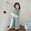 Conjunto de Dos Piezas para Niñas Pequeñas, Delgado, con Adorno de Encaje, Estilo Verano Nuevo, Pantalones de Pierna Ancha