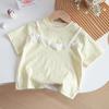 Camiseta de Verão de Manga Curta para Meninas Moda Bebê Infantil Elegante Tendência Marca Doce Renda Falso Duas Peças Laço Top