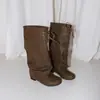 Botas de Caña Arrugada con Cordones de Tacón Grueso Largo Diseño de Nicho No por Encima de la Rodilla Retro Punta Redonda Adelgazantes Botas Altas